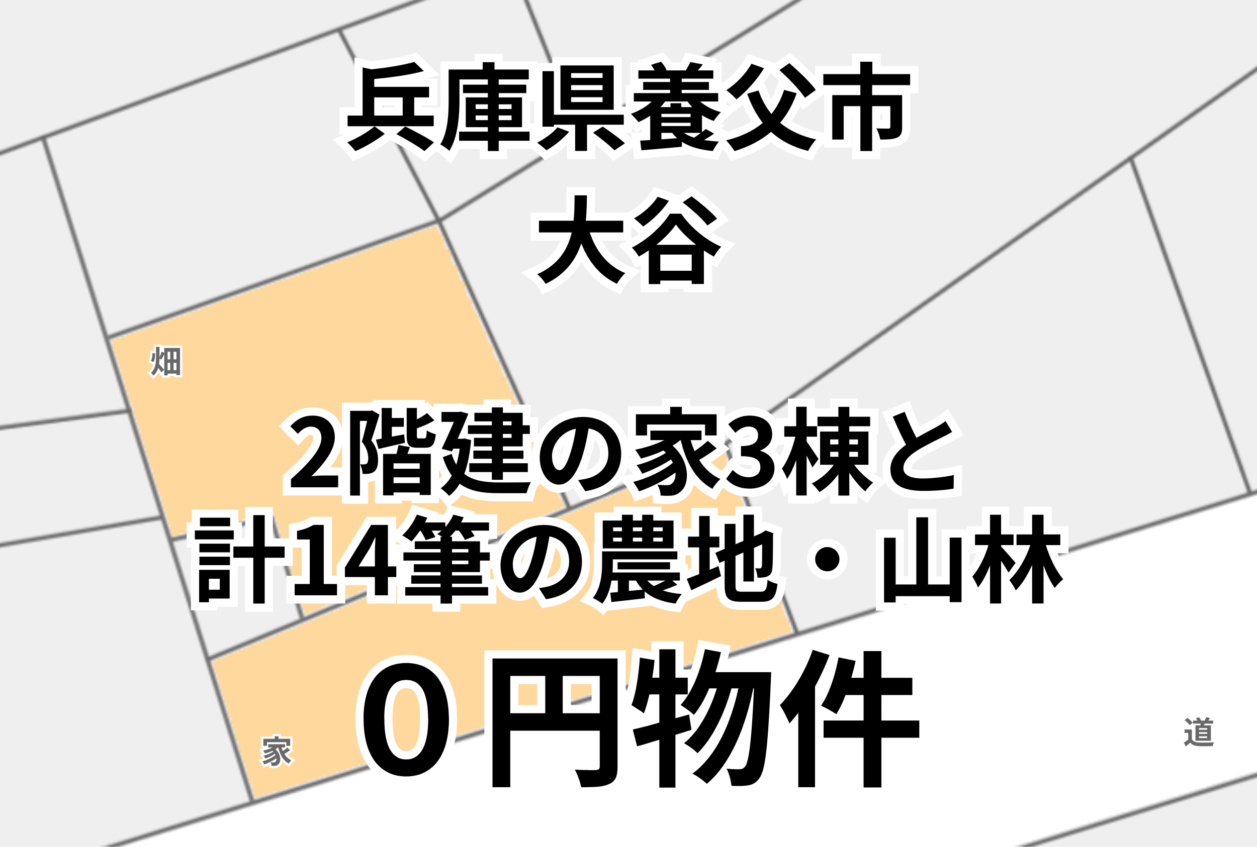 車庫付きの家3棟と計14筆の農地・山林、お譲りします。